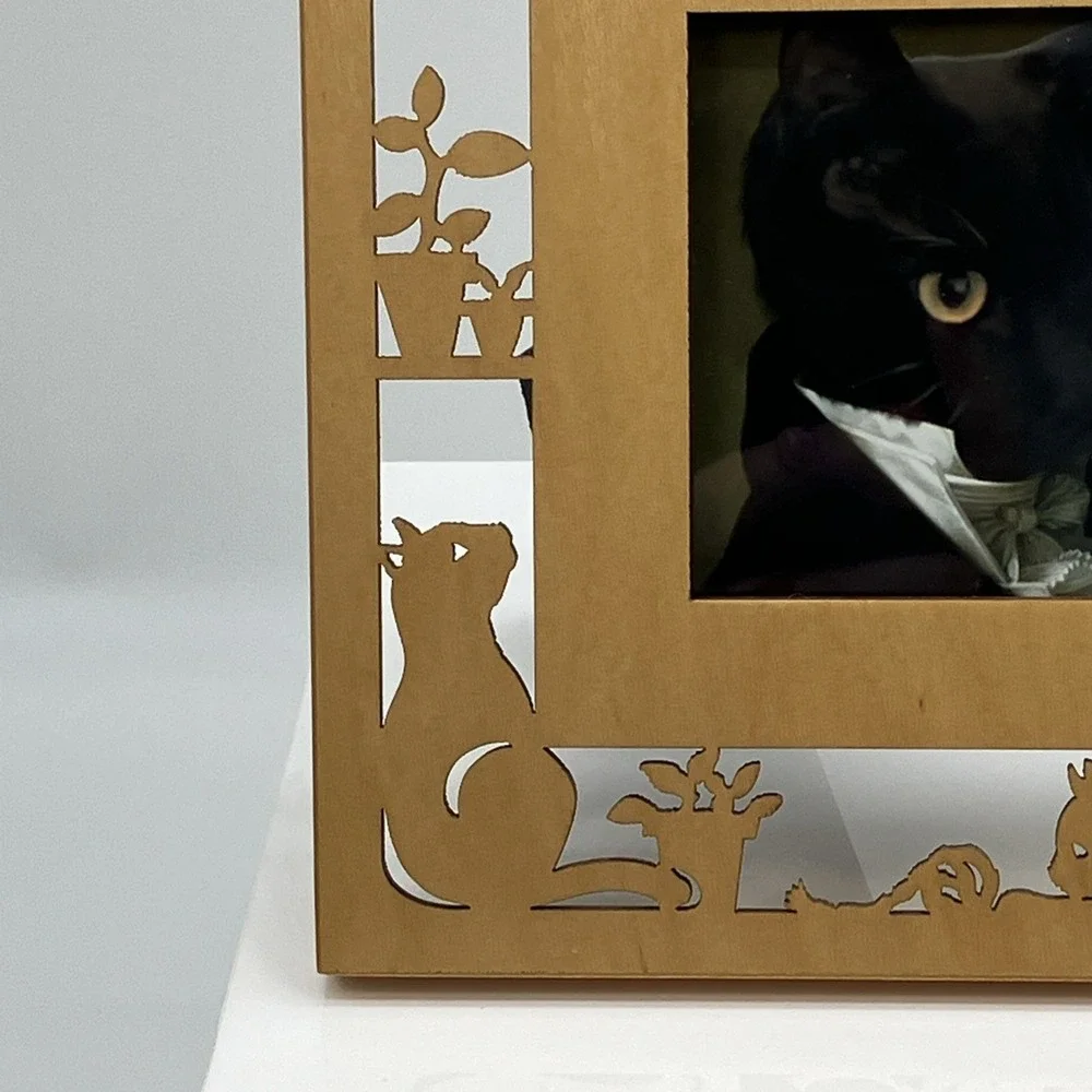 Wood Carved Cut Out Cat Kitten‎ Picture Frame Plants Quirky Kitschy Photo Gift